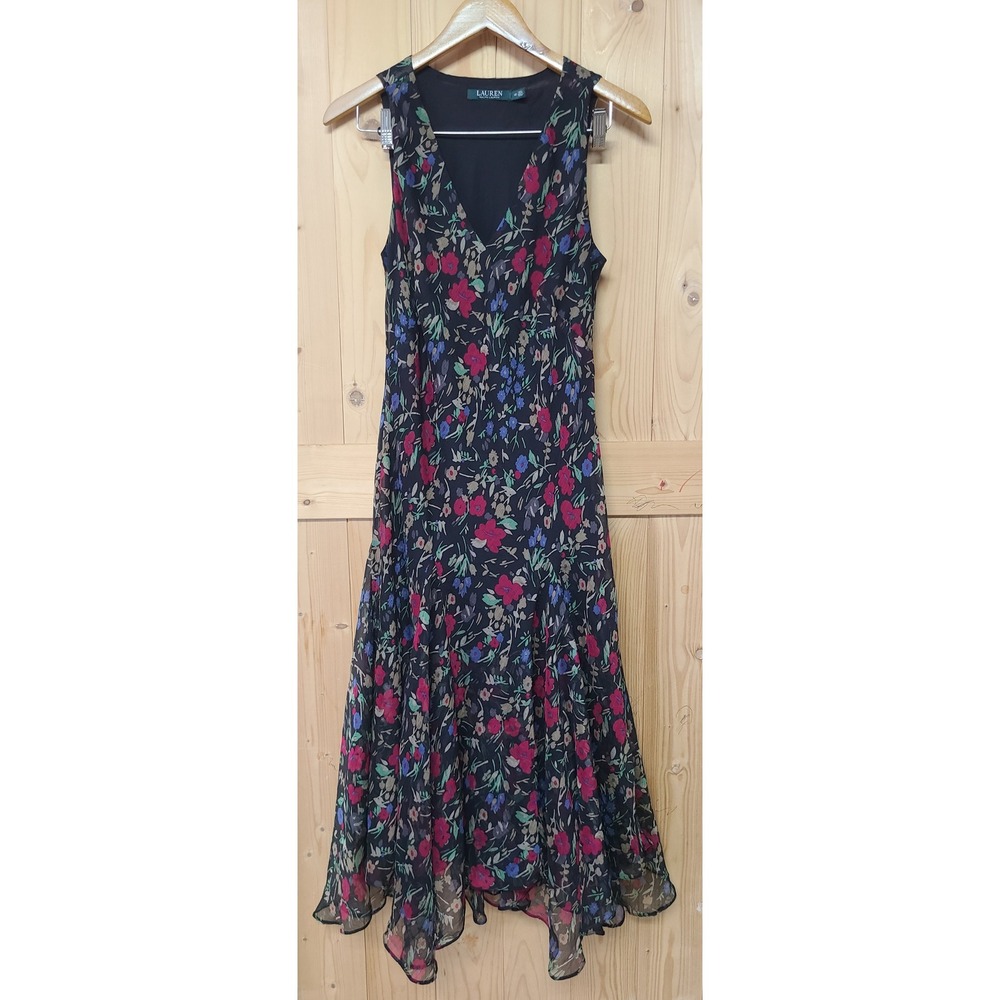 Lauren Ralph Lauren Midi Dress Women 10 Black Floral V-Neck Chiffon
